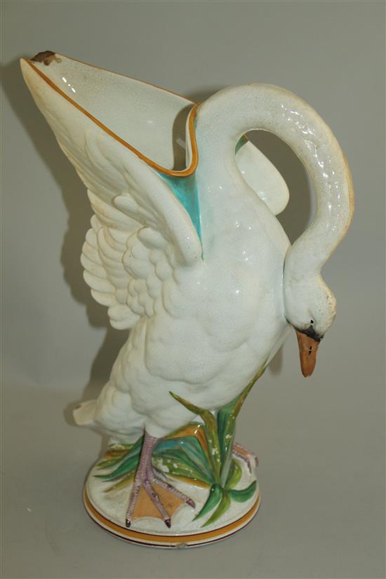 A Wedgwood earthenware swan jug, mid 19th century, 35cm, faults